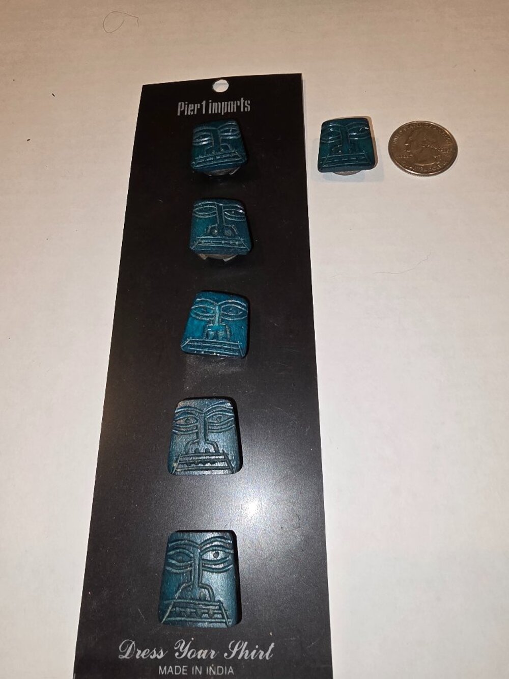 Button Covers Lot of 6 Wood Brass Teal SW Aztec Carved Masks Small 1980s NEW